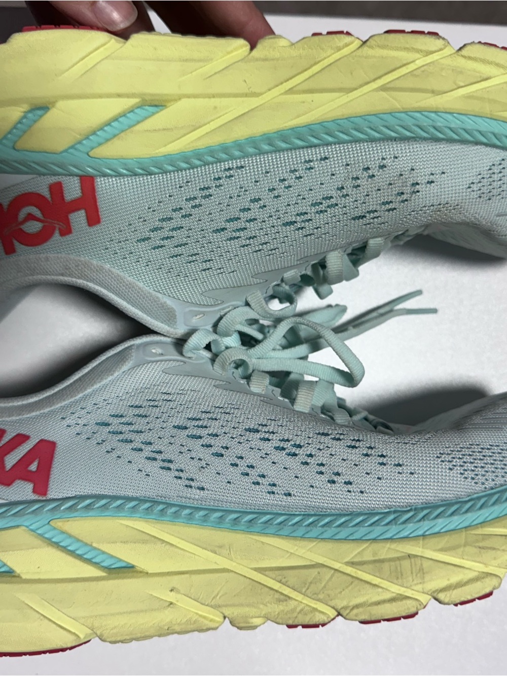 Hoka One One Women's Mint Athletic Shoes with Yellow Midsole and Coral Logo
